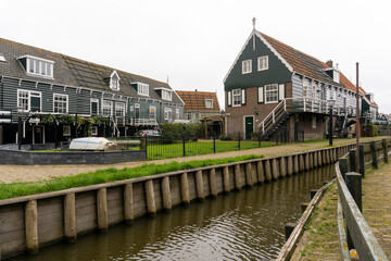 Typical Dutch village with beautiful wooden houses on the island of Marken in the Netherlands, Holland