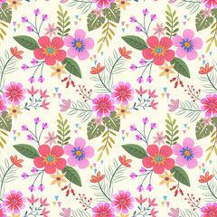Abstract floral seamless pattern design for backdrop and wrapping paper. Colorful flowers, and green leaves on a yellow background.