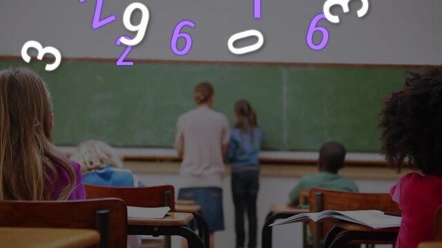 Multiple changing numbers floating against group of students studying at school