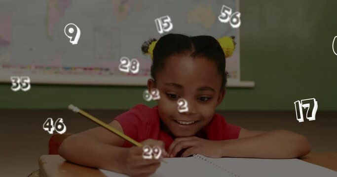 Multiple numbers floating against portrait of school girl studying at school