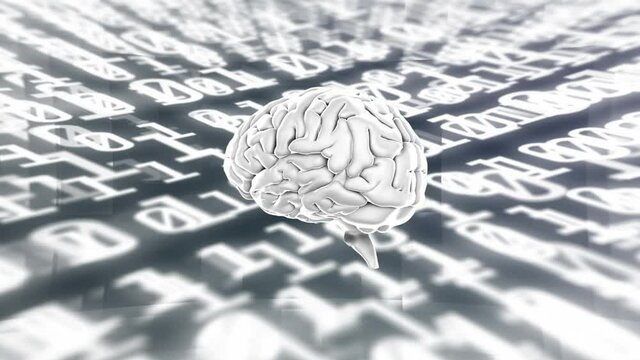 Human brain spinning against binary coding data processing on black background