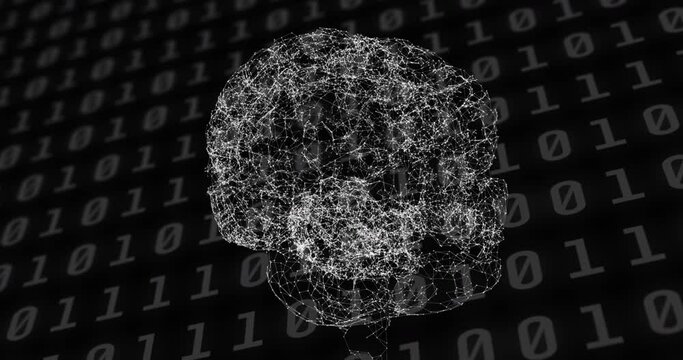 Spinning human brain against binary coding data processing on black background