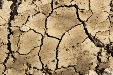 Background suitable for drought images of clods of earth and dry earth with cracks, macro photography of detail of cracks on the earth formed by the sun drying the earth, no water.