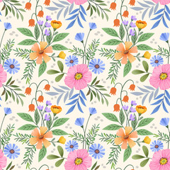 Fototapeta na wymiar Abstract floral seamless pattern design for backdrop and wrapping paper. Colorful flowers, and leaves on a yellow background.