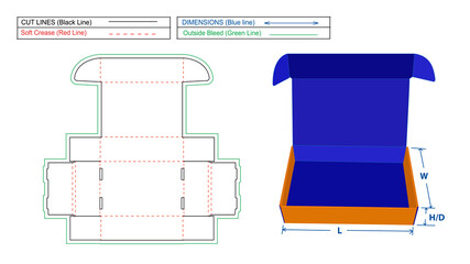 Roll End Front Tuck (REFT) Corrugated mailer box or shipping box dieline template and 3D render file