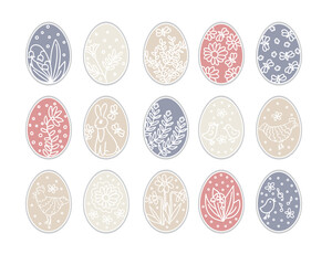 Set of Easter eggs with doodle pattern. Festive floral motifs, stylized birds and a rabbit. Spring religious holiday. Good for cards and banners.