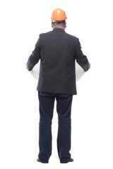rear view. business man architect with drawings.