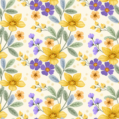 Abstract floral seamless pattern design for backdrop and wrapping paper. Yellow and purple flowers on a yellow background.