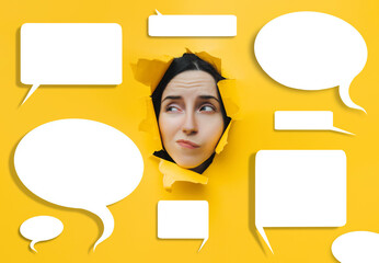 A young girl expresses a toothache with her facial expressions. The concept of spying, skepticism...