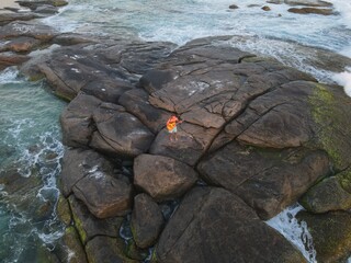 Aerial of young caucasian male standing on rock in beach and playing music guitar in front of ocean and beautiful sunset, Australia.