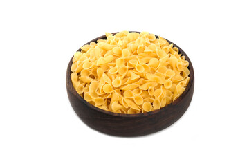 Pile of raw macaroni in wooden bowl on white background