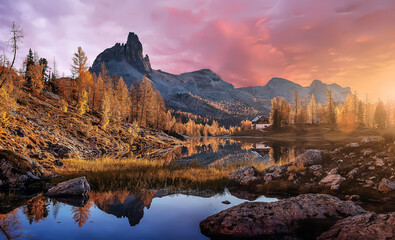 Majestic sunset over mountain lake. Wonderful Nature landscape during sunset. Beautiful colored trees glowing in sunlight. wonderful picturesque autumn scene. color in nature. Federa lake. Dolomites
