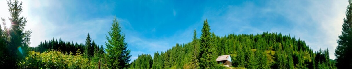 panorama of a hut on a background of forest in the mountains with a clear blue sky