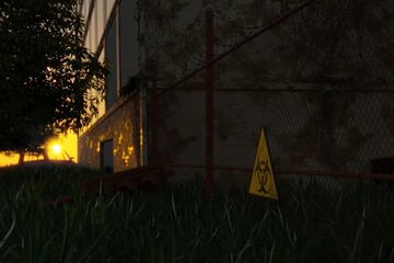 Yellow bioharard sign on rusty fense apocalyptic scene 3D render