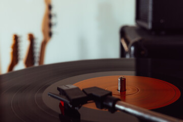 Close up of a Turntable playing vinyl record.