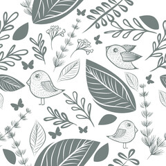 Seamless monochrome floral background with decorative birds . Vector illustration