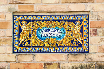 Fototapeta premium Ceramic tiles outside the Fabrica Real de Tabacos. Seville. Andalusia, Spain