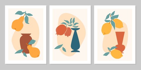 Hand drawn set abstract boho poster with tropical fruit lemon,  pear, vase, pomegranate isolated. Vector flat illustration. Design for pattern, logo, posters, invitation, greeting card