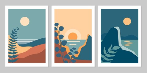 Set of abstract colorful landscape poster collection with sun, moon, star, sea, mountains, river, plant. Vector flat illustration. Contemporary art print templates,  backgrounds for social media.