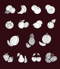 Vegan icon set with fruits and berries. Strawberries, cherries, plums, grapes, banana, watermelon, melon, peach, apple, pear, pineapple, pomegranate, coconut. Proper nutrition. Isolated vector objects