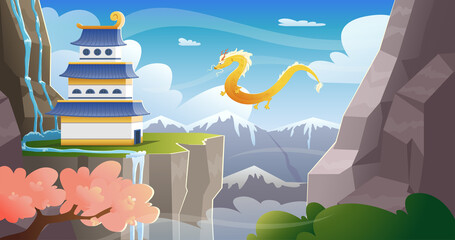 Asiatische Berglandschaft mit Schloss und goldenem Drachen am Himmel © Анастасия Хвостова