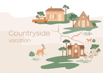 Countryside vacation horizontal banner, poster for advertising. Village with small cute houses. Suburban scene, deer, fox, bicycle and car in the yard. Landscape with abstract grass, trees, texture.