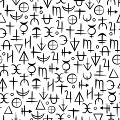 seamless pattern of black alchemical signs on white background