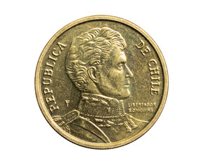 Chile ten pesos coin on a white isolated background