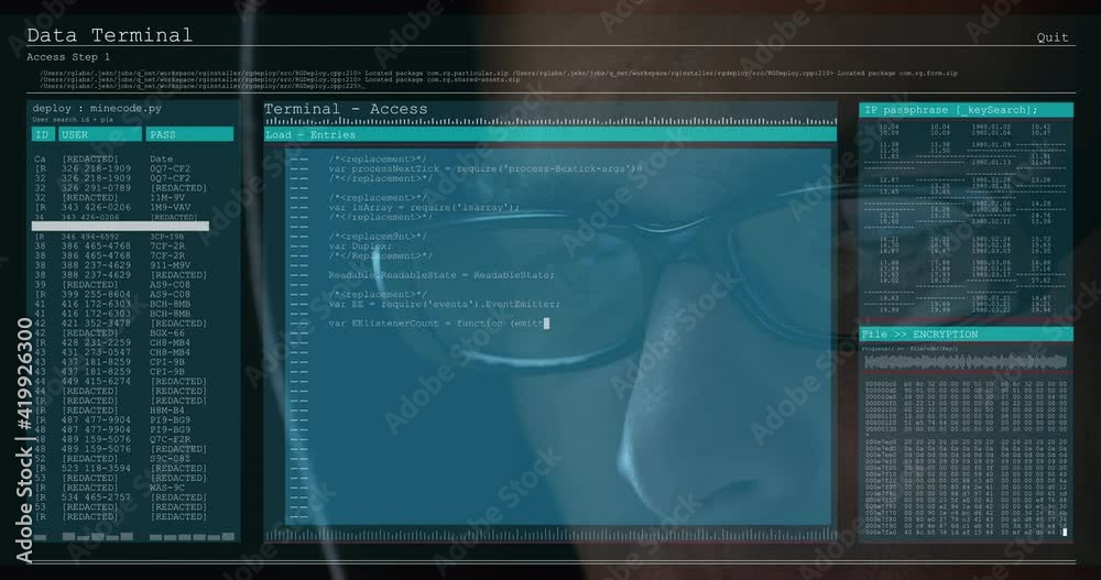 Poster animation of data processing on computer screens over male hacker in hood