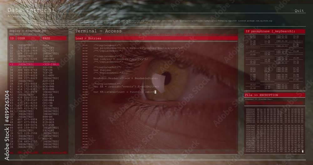 Poster animation of data processing on computer screens over close up of man's eye blinking