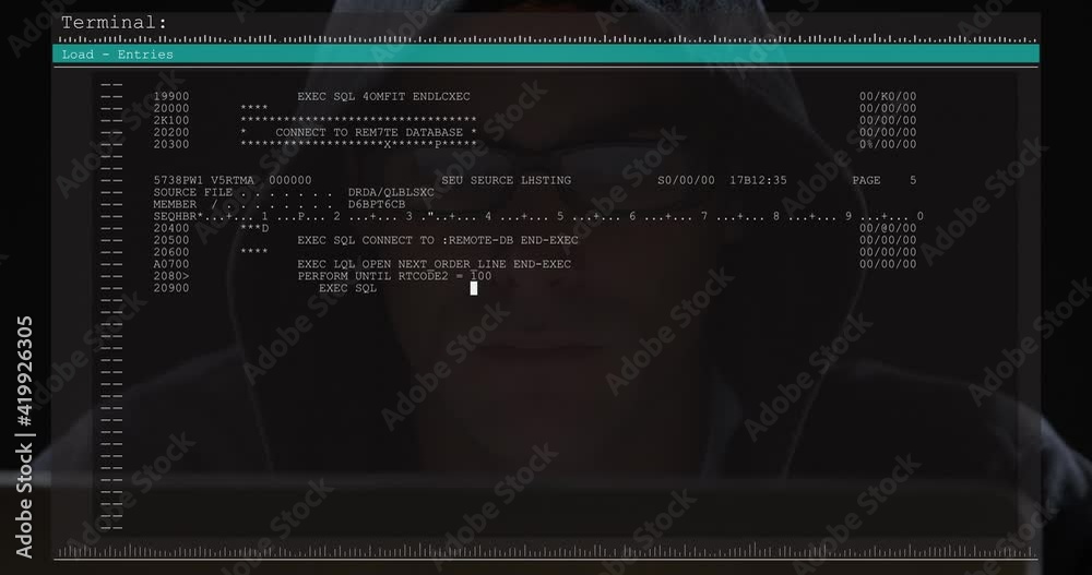 Poster animation of data processing on computer screen over male hacker using computer