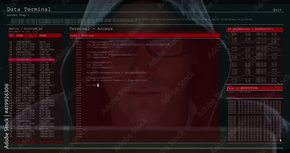 Poster animation of data processing on computer screens over male hacker using computer