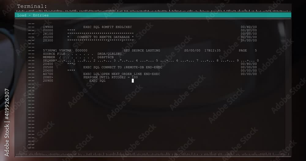 Poster animation of data processing on computer screen over close up of man's face with glasses