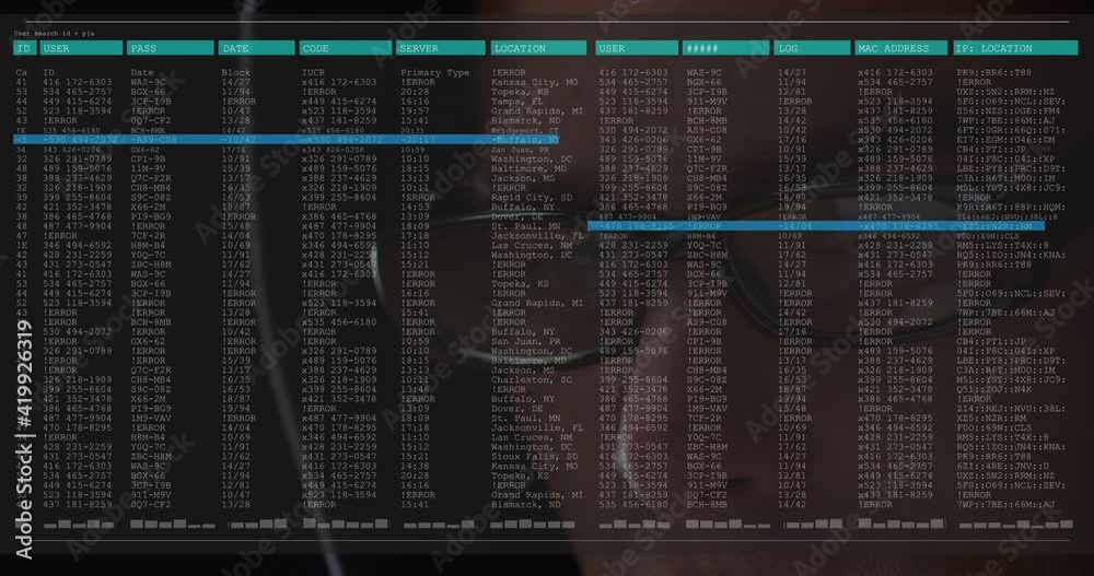 Poster animation of data processing on computer screen over close up of male hacker