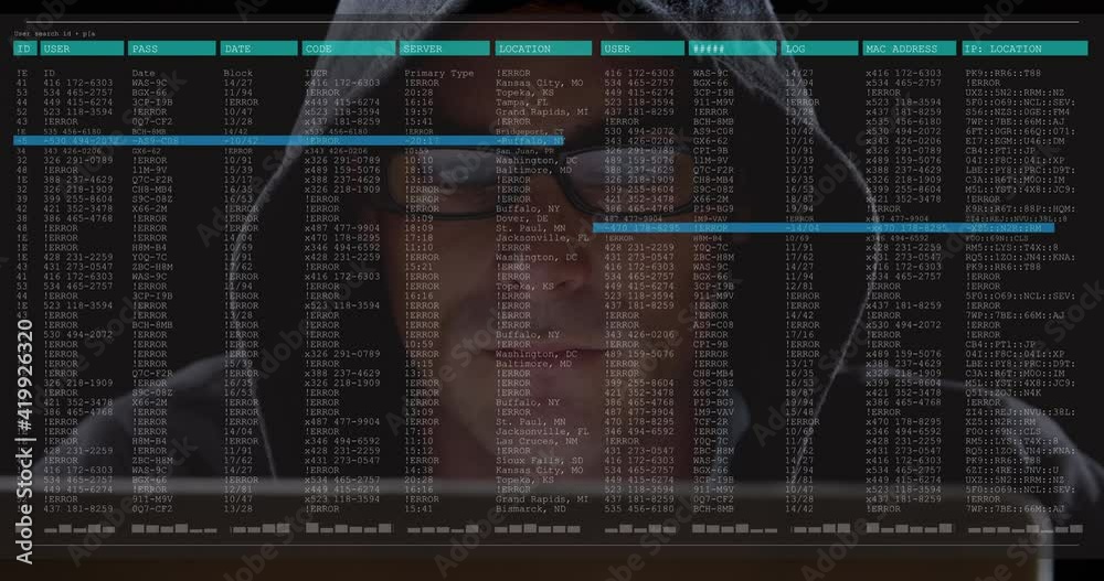 Poster animation of data processing on computer screen over male hacker using computer