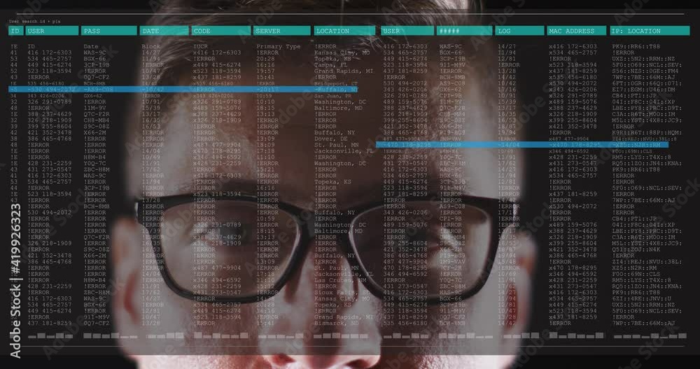 Poster animation of data processing on computer screen over man wearing glasses