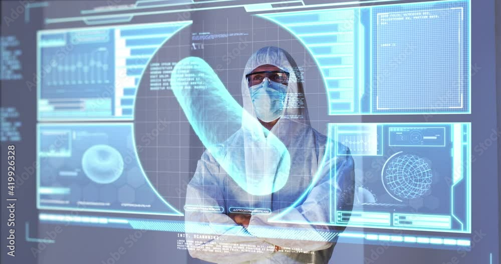 Poster animation of scientist standing behind interactive screen with medical data processing