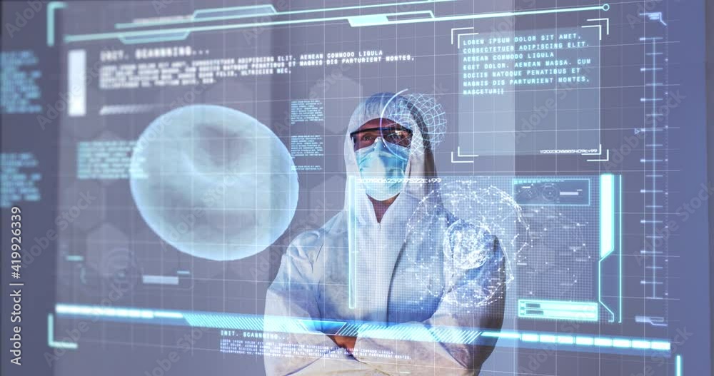 Poster animation of male scientist behind interactive computer screen with medical data processing