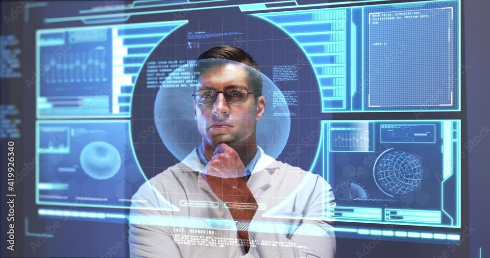 Poster animation of male scientist behind interactive computer screen with medical data processing