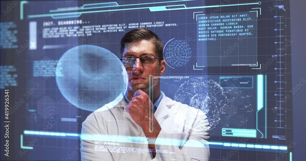 Poster animation of male scientist behind interactive computer screen with medical data processing