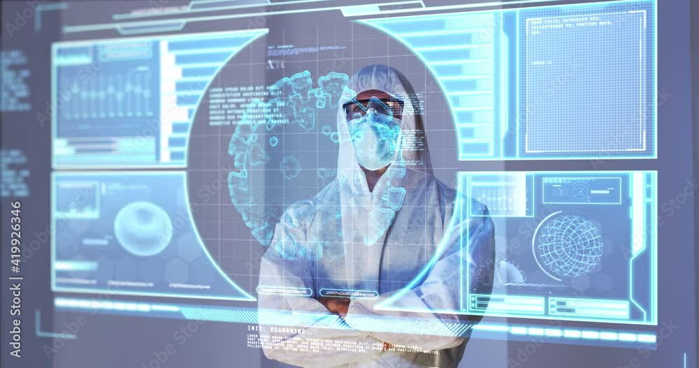 Poster animation of male scientist behind interactive computer screen with medical data processing