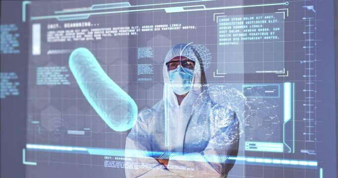 Animation of scientist standing behind interactive screen with medical data processing