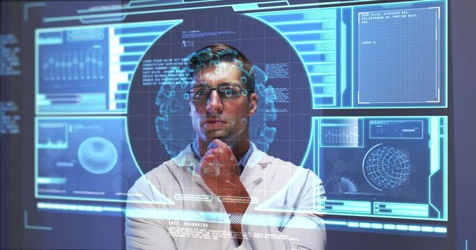 Animation of male scientist behind digital screen with covid 19 cell and medical data