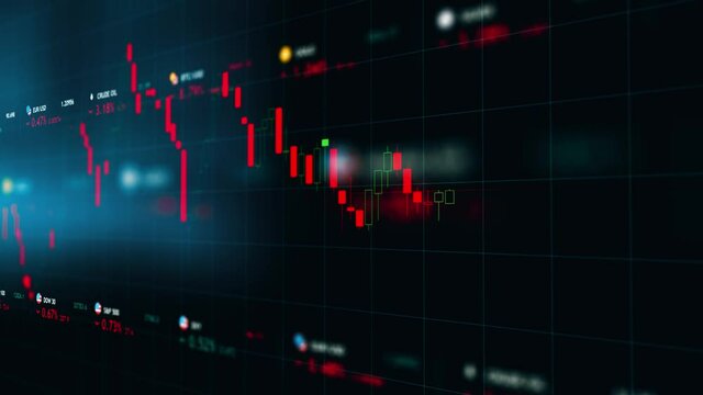 Stock market or stock exchange information with data of price, change, and volume. Financial indexes of stock companies change up and down over time market wall