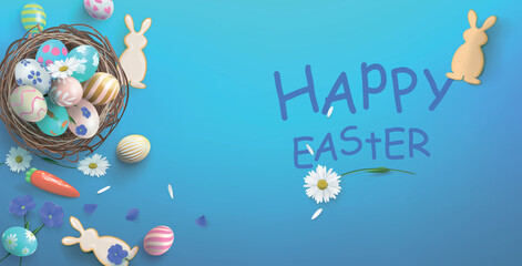 Obraz na płótnie Canvas Festive illustration with basket and eggs and cookies in the form of a hare on a blue background for the Day of Happy Easter. Realistic vector banner, poster.