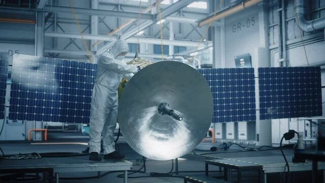 Engineer in Protective Suit Working on Satellite Construction. Aerospace Agency Manufacturing Facility: Scientists Developing Spacecraft for Space Exploration, Communications, Cosmos Observation 