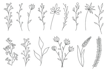 Collection of minimalistic simple floral elements. Graphic sketch. Fashionable tattoo design. Flowers, grass and leaves. Botanical natural elements. Vector illustration. Outline, line, doodle style. 