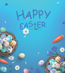Festive illustration with basket and eggs and flowers on a blue background for Happy Easter Day. Realistic vector banner, poster.
