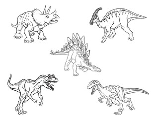 Set of linear sketches of dinosaurs for coloring pages isolated on white background. Stegosaurus, Triceratops, Raptor, Allosaurus, Hadrosaurus. Vector clipart © Server
