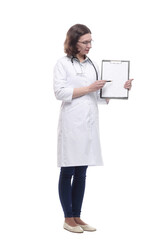 Mature female doctor with clipboard. isolated on a white